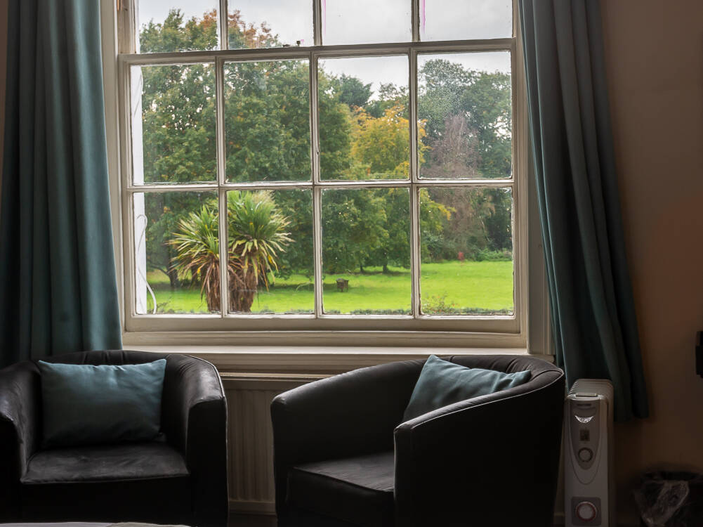 Room service tray and view out window