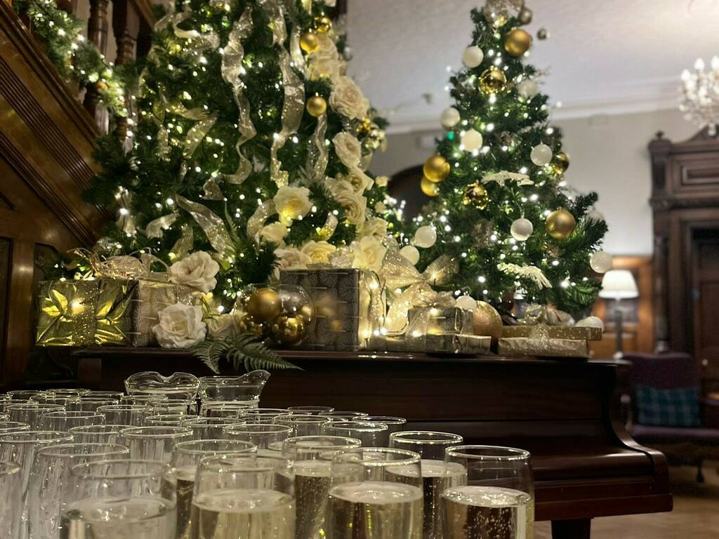 Prosecco and Christmas Tree with lights